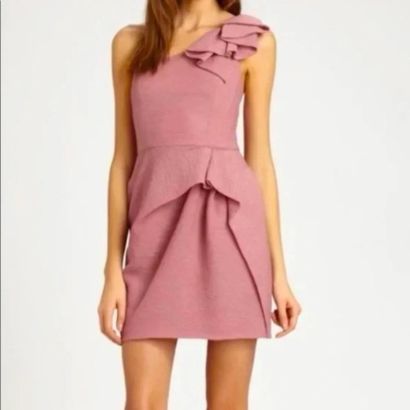BCBG Maxazria one shoulder  purple formal dress ruffles short skirt| size 0 - Picture 2 of 6